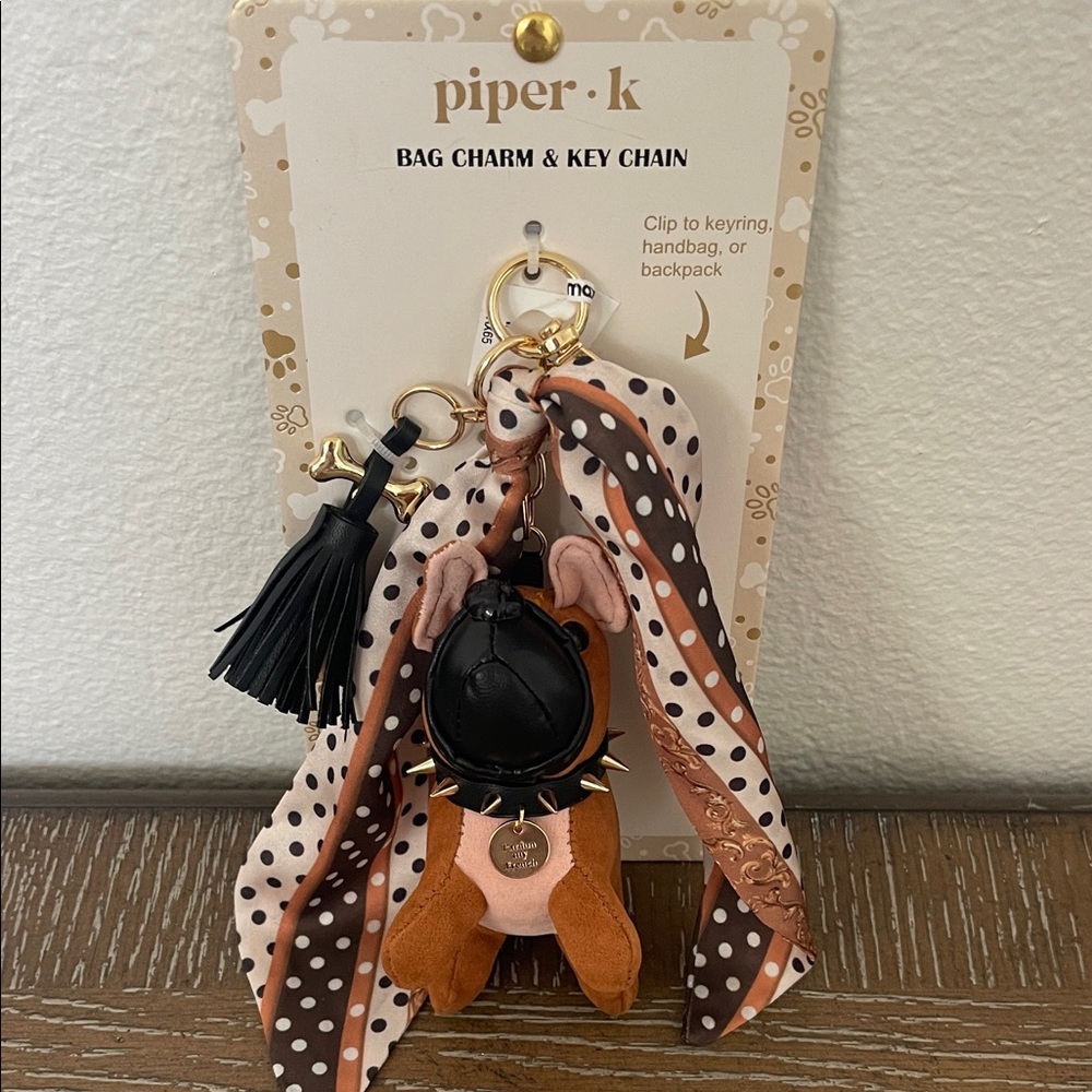 Piper K Dog Bag Charm & Key Chain Polka Dot Scarf & Spiked Collar French Bulldog